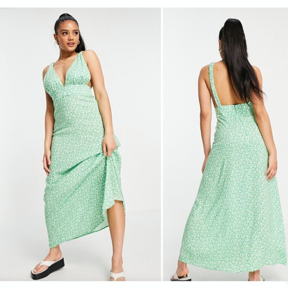 ASOS Plunge Maxi Dress in a Green Based Ditsy Floral Print - Size 10